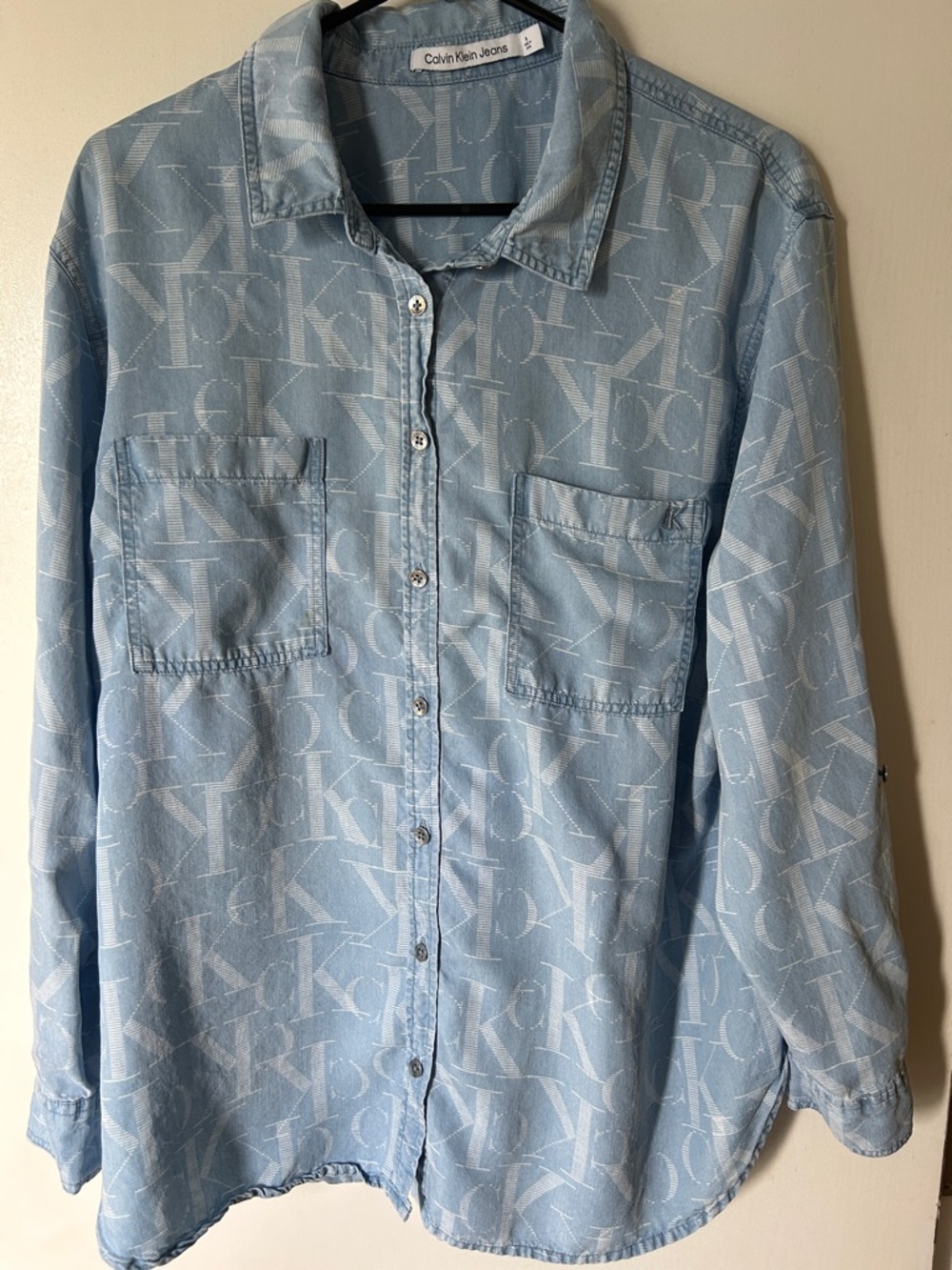 Calvin Klein Jeans light blue tonal CK logo denim shirt size 1X
